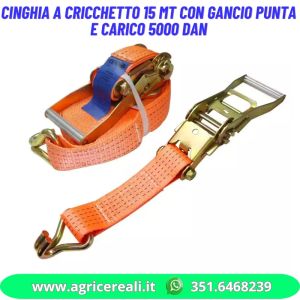 Cinghia a cricchetto 15 mt con gancio punta e carico 5000 daN